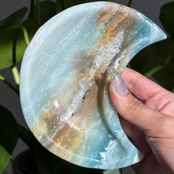 Chinese Amazonite Moon-Shaped Bowl Carving, Asian Amazonite Crystal Dish, Throat Chakra, Heart Chakra Healing Stone