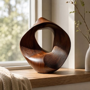 Può includere: Una scultura in legno marrone scuro caratterizzata da una forma circolare cava, fluida e attorcigliata. La superficie presenta intricate linee intagliate parallele che seguono la curvatura dell'oggetto, creando un motivo ritmico e strutturato.