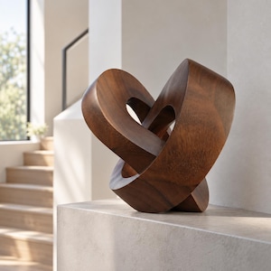 May include: A dark brown wooden sculpture featuring two interlocking, curved, and rounded geometric forms. The object has a smooth, polished finish that highlights the natural wood grain patterns throughout its continuous, looped structure.