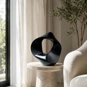 Può includere: Un oggetto scultoreo nero opaco caratterizzato da una forma continua, attorcigliata e cava. La superficie presenta una serie di sottili scanalature verticali parallele che seguono la curvatura del pezzo, creando una texture dinamica e ritmica.