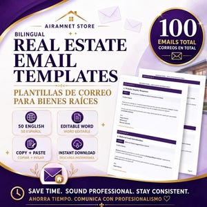 Peut inclure: Une publicité pour Airamnet Store présentant 100 modèles d'e-mails immobiliers en anglais et en espagnol. Le visuel contient du texte, des icônes d'e-mail et de documents, ainsi qu'un aperçu des modèles de documents Word modifiables.