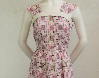 1940's Cotton Frock in a Pink Purple and Green Floral Print Cotton / Size: 26 1/2" Waist