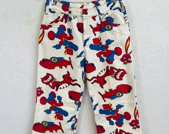 1960’s Pants in White Denim Cotton with a Cartoon Print / Size: 29" x 29"