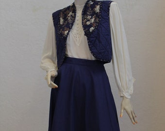 1970's "Jessica's Gunnies" "Gunne Sax" Vest and Skirt Set in Blue, Calico and Floral Cotton / Prairie Skirt and Vest / Waist Size: 24 1/2"