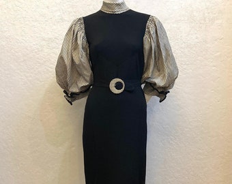 RARE 1930’s Gown in Black Rayon with Puff Sleeves in Black and White Plaid Taffeta / Women's Size: 25 1/2" Waist
