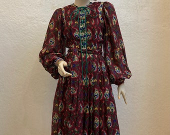 1970's "Saz Boutique" Dress with Long Bishop Sleeves  in a Burgundy Silk Floral Paisley Print / Size: 23 1/2" Waist