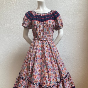 1950’s Fiesta Patio Dress with Circle Skirt and Multicolor Print Cotton and Rickrack Details / Women&#39;s Size: 29&quot; Waist