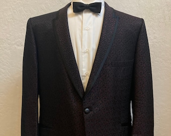 1980's "Lord West" Tuxedo Jacket in Black and Dark Red Satin Brocade / Pebble Design / Formal Wear / Men's Size: 46