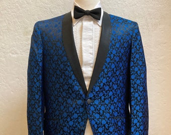 1960’s Formal Tuxedo Jacket in Royal Blue and Black Satin Brocade  / Floral Design / Size: 37 1/2