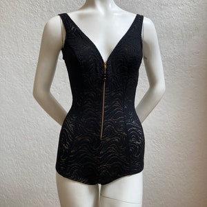 1970&#39;s &quot;Catalina&quot; One Piece Swimsuit in Black Stretch Lace with Front Zipper / Size: 32&quot; to 36&quot; Bust (A to B)