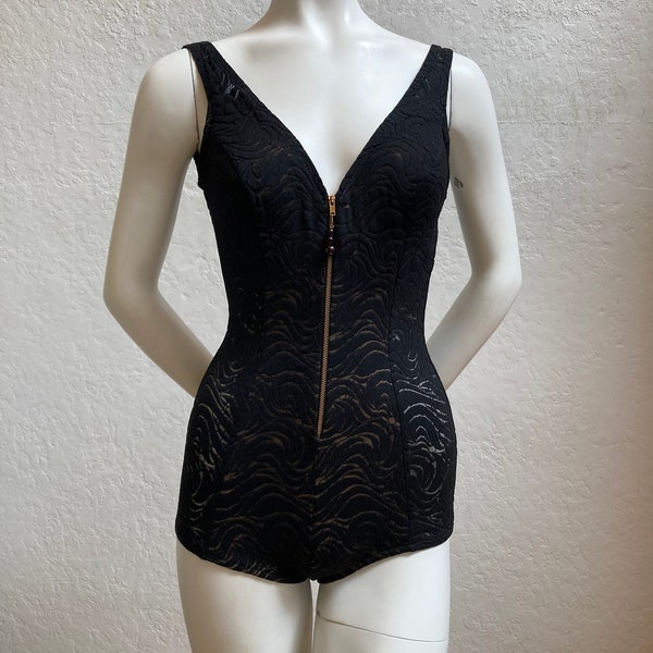 1970's "Catalina" One Piece Swimsuit in Black Stretch Lace with Front Zipper / Size: 32" to 36" Bust (A to B)