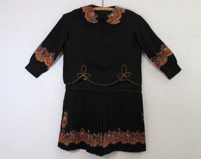 1920's Girl's Dress and Top in Black With Floral Print and Hand ...