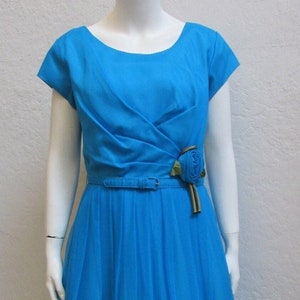 1950&#39;s Blue Chiffon &quot;Deadstock&quot; Dress with Matching Rose Detail on Waist / Size: 28&quot; Waist