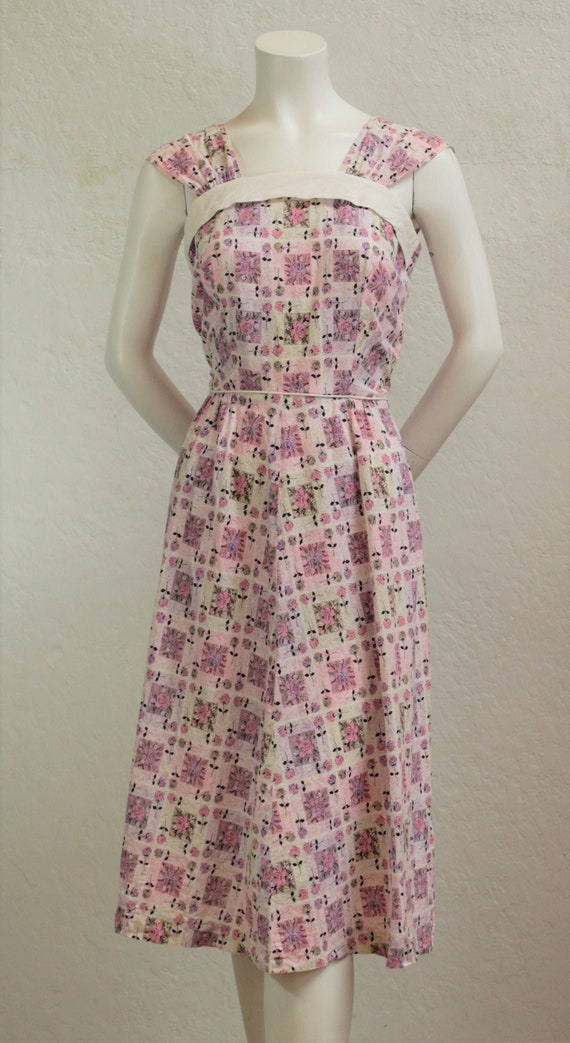 1940's Cotton Frock in a Pink Purple and Green Flo