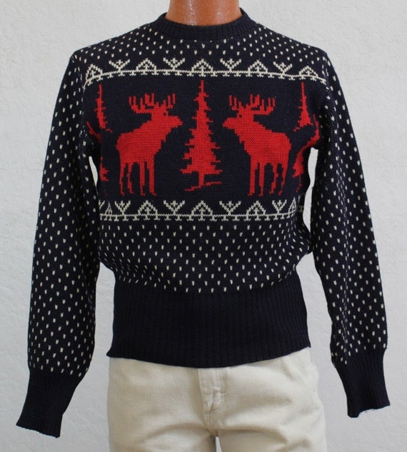 1940's "Jersild" Navy Wool Sweater with Red Moose