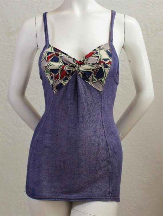 1930's Blue One Piece Bathing Suit With Patchwork… - image 1