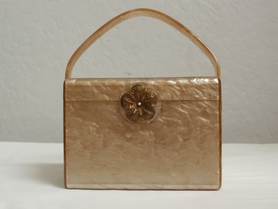 1950's "Wilardy" Light Tan and Gold Lucite Box Pur