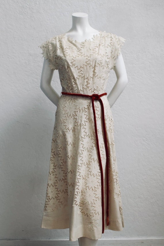 1940's Cream Cotton Eyelet Dress with Rust Orange 