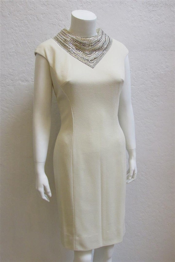 1960's "Sydney North" Sheath Dress in Ivory and T… - image 4