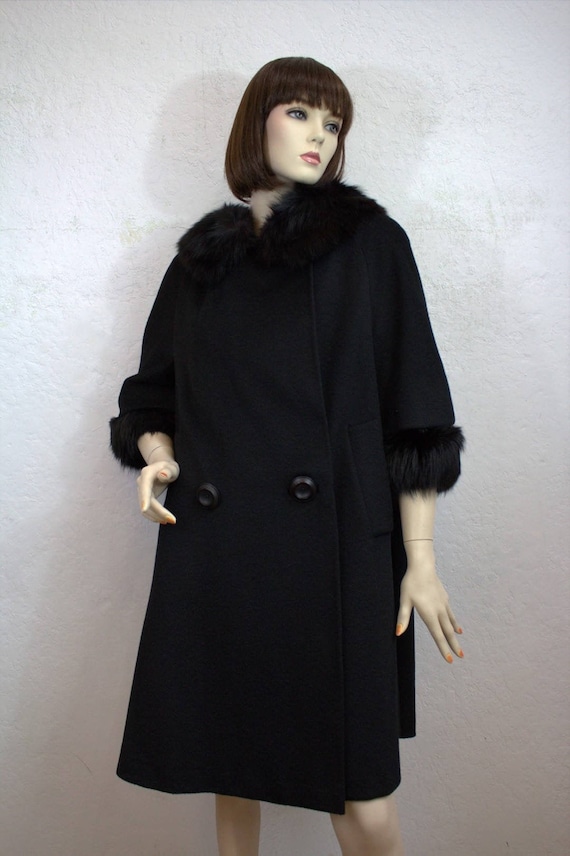 Vintage Youthcraft Black Wool Swing Coat with Fur Collar
