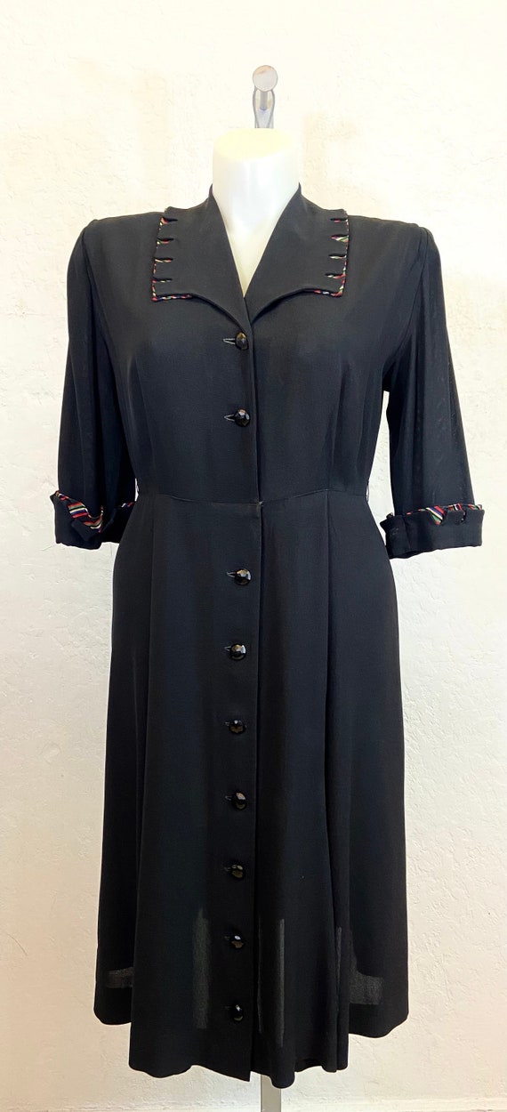1940’s Dress in Black Rayon with Striped Fabric D… - image 1