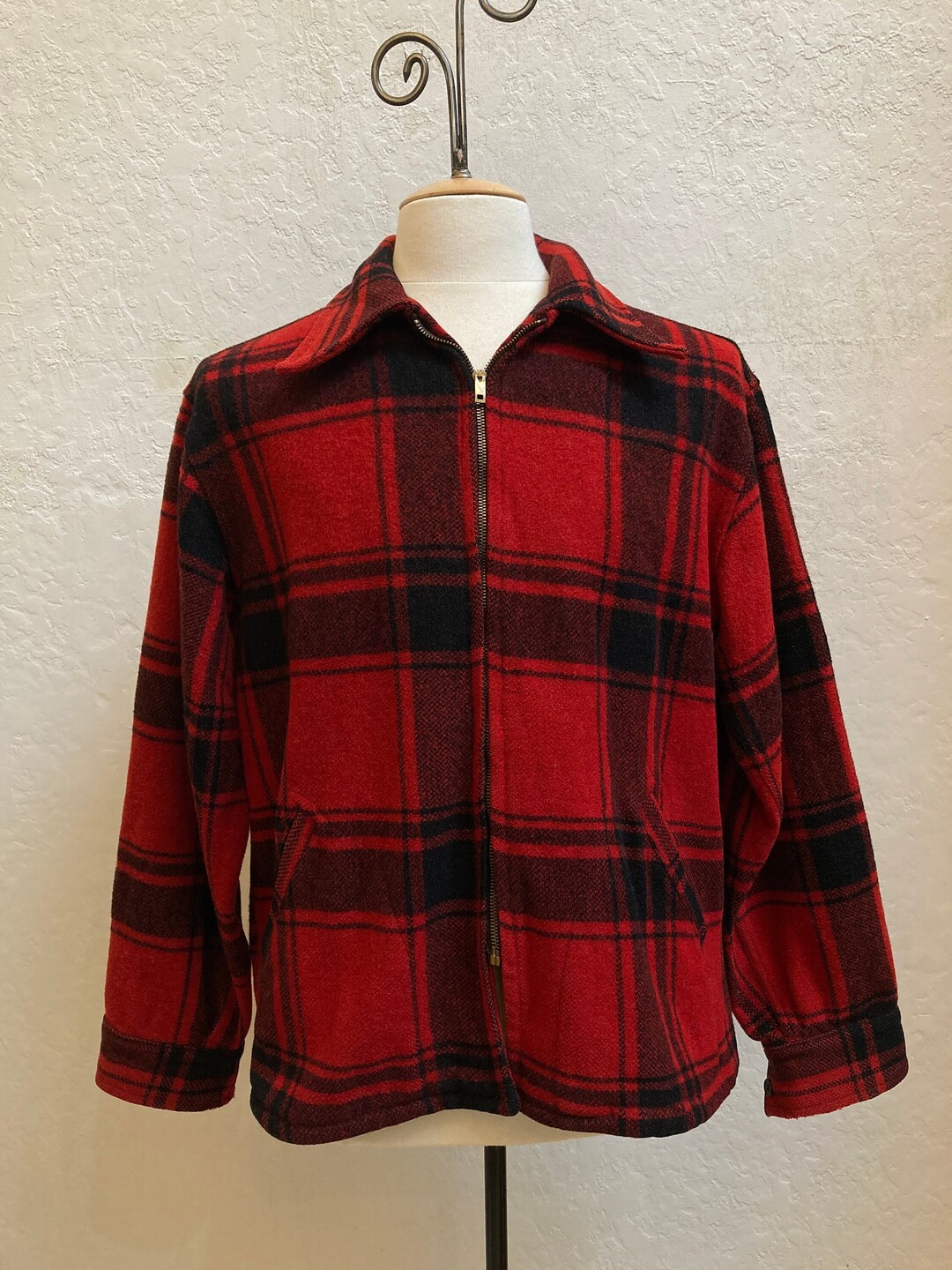 1950s campus Mens Jacket in Red and Black Plaid Wool / Men's ...