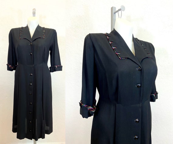 1940’s Dress in Black Rayon with Striped Fabric D… - image 10
