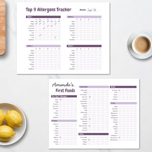 Puede incluir: Dos hojas de seguimiento de papel blanco con encabezados y texto en color morado. La hoja superior se titula Top 9 Allergens Tracker con cuatro cuadrículas semanales. La hoja inferior se titula Amanda's First Foods y lista alimentos.