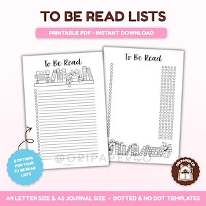 Op de afbeelding: Twee printbare To Be Read-lijstsjablonen in zwart-wit. Eén pagina bevat een boekenplankillustratie met gelinieerd papier en cirkels om boeken af te vinken. De andere pagina bevat een boekenplankrand en een kolom met sterren voor beoordelingen.