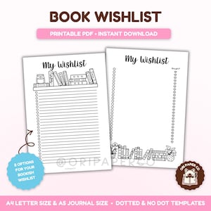 May include: Two white printable pages titled My Wishlist with black line art illustrations of books and plants. One page features horizontal lines for writing, while the other has a blank centre space. Both pages include heart-shaped checkboxes.