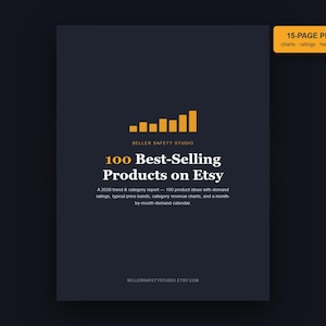May include: A dark gray 15-page PDF report titled 100 Best-Selling Products on Etsy by Seller Safety Studio. The cover features a yellow bar graph icon, white text detailing a 2026 trend and category report, and the website sellersafetystudio.etsy.com.