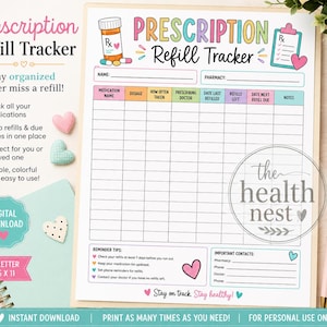 Puede incluir: Una hoja imprimible de seguimiento de recetas con un encabezado colorido, una tabla para registrar medicamentos y secciones para información de farmacia y contactos. El documento incluye ilustraciones de un frasco de pastillas y portapapeles.