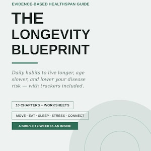 以下が含まれることがあります： Thirteen Thousand Wellness Seriesの一部であるThe Longevity Blueprintというタイトルの白い情報ガイド。毎日の習慣、10の章、ワークシート、12週間の計画に関するテキストが記載されており、緑色のアクセントと円のデザインが特徴です。