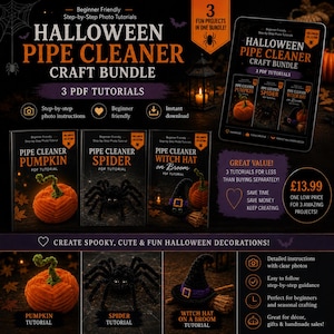 Op de afbeelding: Een digitale knutselbundel met drie Halloween-tutorials voor pijpenragers. De set bevat instructies voor een pompoen, een spin en een heksenhoed op een bezem. De tekst luidt Halloween Pipe Cleaner Craft Bundle, 3 PDF Tutorials en Beginner Friendly Step-by-Step Photo Tutorials.