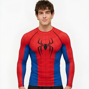 May include: A long-sleeve compression shirt featuring a red and blue color scheme with a black spider web pattern across the chest and arms. A large black spider emblem is centered on the chest, and the shirt has a round neckline.