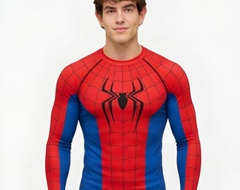 Spider-Man Cosplay Kompressionströja, Röd Blå Nätmönster, Långärmad Gymtopp (Cosplay Aktivkläder)