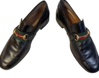Gucci Black Leather Loafers with Gold and Green Accents - 10.5 Men’s