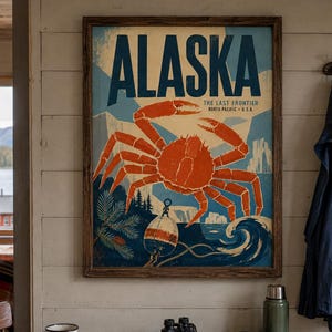 May include: A framed wall poster featuring a large orange crab centered over a blue ocean scene with mountains in the background. The text reads ALASKA THE LAST FRONTIER NORTH PACIFIC U.S.A. The artwork includes a buoy, pine branches, and waves.