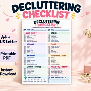 Puede incluir: Una lista de verificación de limpieza imprimible con secciones para sala, cocina, dormitorio, armario, baño, oficina y lavandería. La página incluye casillas de verificación para tareas, una línea de fecha y un objetivo, con el título Decluttering Checklist.