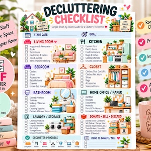 Könnte beinhalten: Eine Entrümpelungs-Checkliste mit einem Raum-für-Raum-Leitfaden für das Zuhause. Der Text enthält Überschriften für Wohnzimmer, Küche, Schlafzimmer, Kleiderschrank, Bad, Büro und Spendenkategorien mit Kontrollkästchen für verschiedene Aufgaben.
