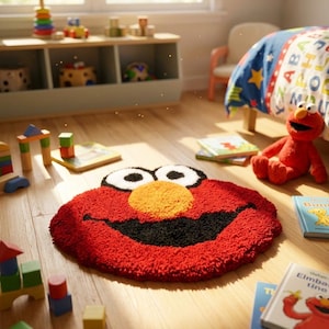May include: A round, red, textured rug featuring the face of a character with large white eyes, black pupils, and a prominent orange nose. The rug has a wide, black, curved mouth shape and is crafted with a thick, plush, tufted pile texture.