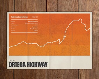 Ortega Highway Poster | California Canyon Series | Motorcycle Road Map Art | CA-74
