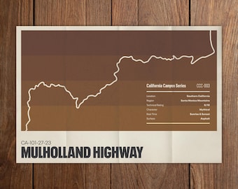 Mulholland Highway Poster | Los Angeles Motorcycle Road Art | California Canyon Series | Route Map Print