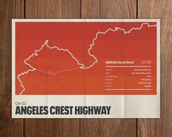 Angeles Crest Highway Motorcycle Poster | CA-2 Road Map Art | California Canyon Series | Rider Gift