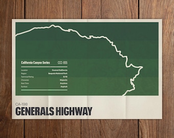 Generals Highway Poster | Sequoia National Park Road Art | California Canyon Series | Scenic Route Map