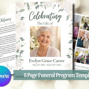May include: An 8-page funeral programme template featuring a white background with floral borders. The cover displays the text Celebrating The Life of Evelyn Grace Carter, dates, and a portrait. Interior pages include obituary text and photo collages.