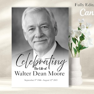 May include: A rectangular funeral program template featuring a black and white portrait of an older man with a mustache. The text reads Celebrating The Life of Walter Dean Moore, September 5th 1946 - August 12th 2015. The design is fully editable on Canva.
