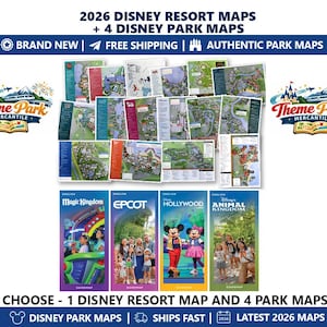 May include: A collection of 2026 Disney resort and park maps featuring four vertical guide maps for Magic Kingdom, Epcot, Hollywood Studios, and Animal Kingdom, alongside various unfolded park maps with detailed layouts and colorful illustrations.