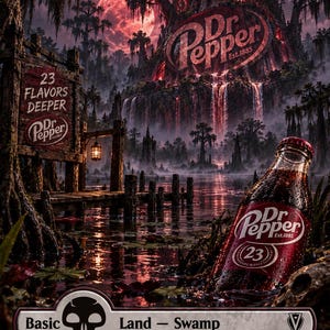 May include: A collectible trading card titled Swamp featuring a dark, atmospheric landscape with a red moon, a waterfall, and a Dr Pepper logo. A glass bottle of Dr Pepper sits in the foreground. Text includes 23 FLAVORS DEEPER and A Darker Refreshment.