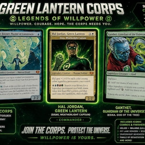 May include: A Green Lantern Corps Legends of Willpower 100-card commander deck featuring three Magic: The Gathering cards: Kyle Rayner, Master of Constructs, Hal Jordan, Green Lantern, and Ganthet, Guardian of the Universe on a dark background.